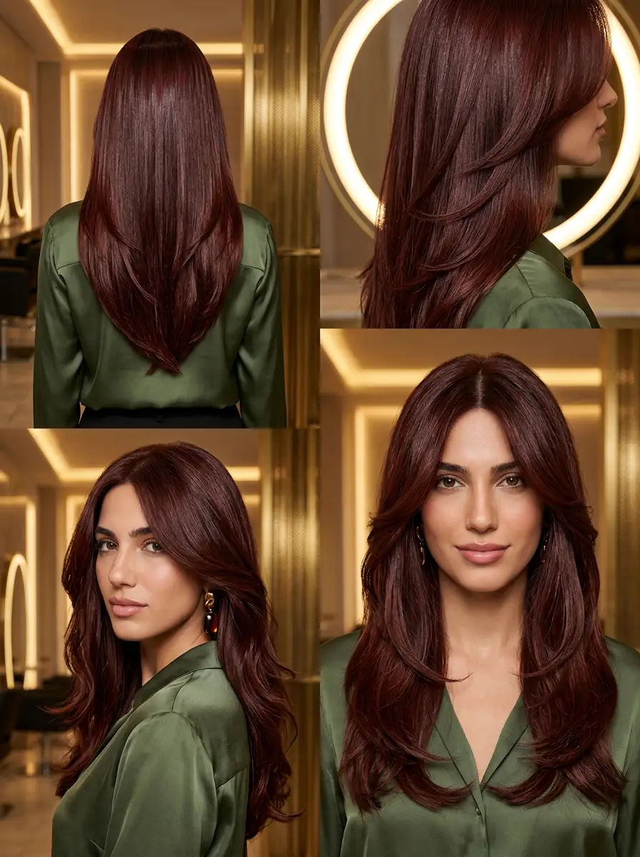Auburn burgundy long layered haircut in sleek editorial collage, rich dimensional color, polished ends, sophisticated Summer 2026 salon look