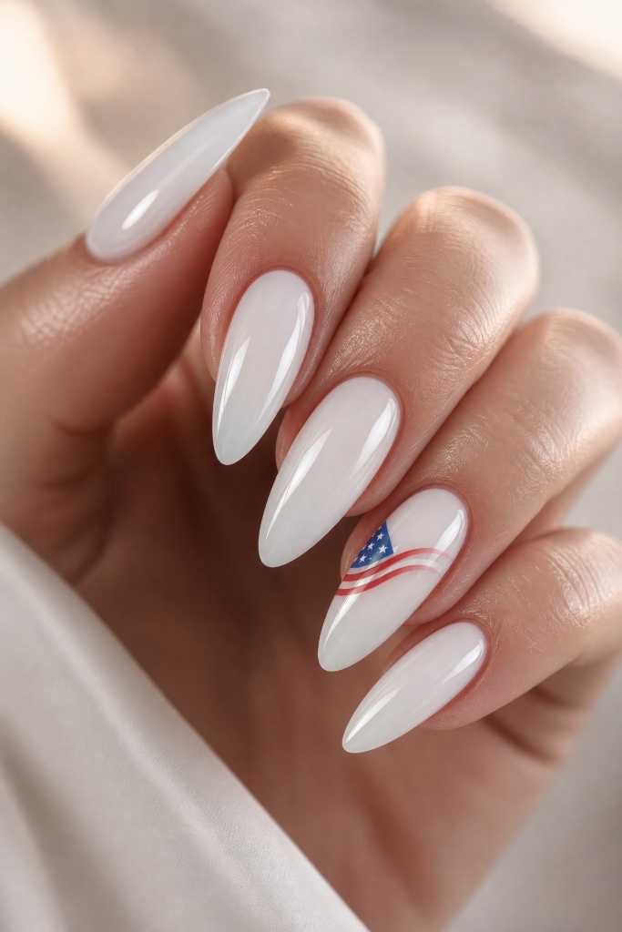 4th of July Nails for 2026 Milky White Almond Nails With Subtle Flag Accent