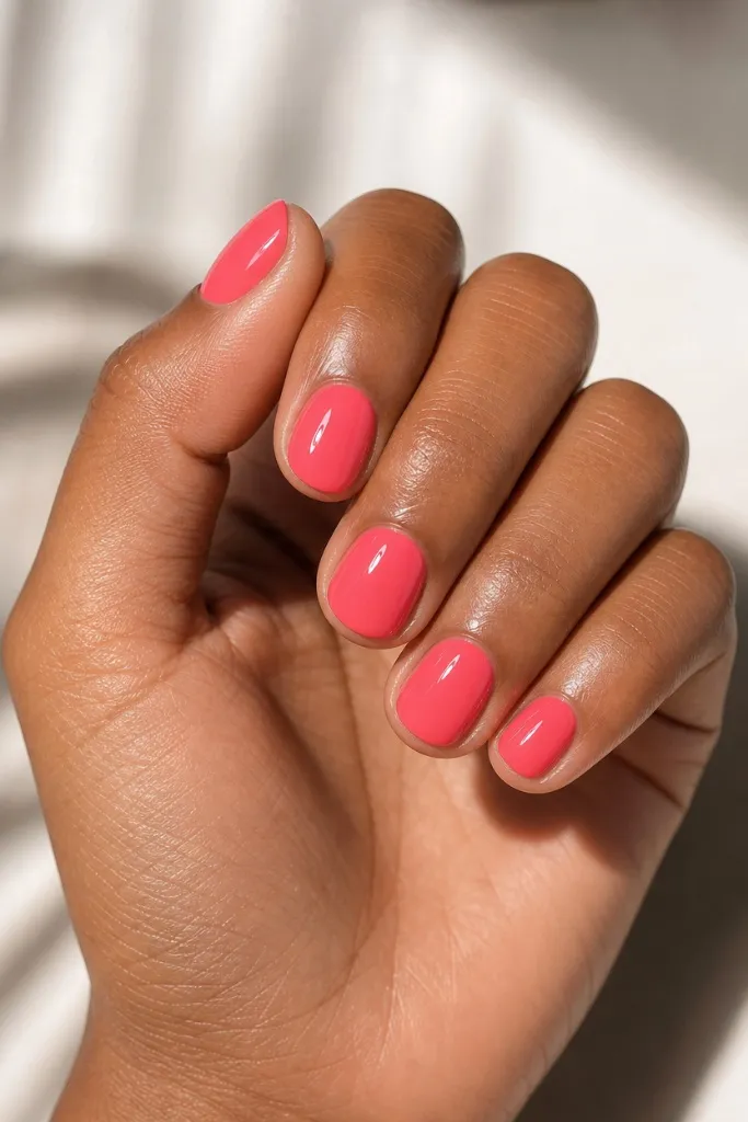 Short Nail Ideas for Summer 2026 Coral Pink Nails With Juicy Summer Brightness