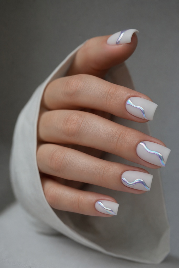 Summer Beach Nails 2026 Matte White Nails With Holographic Wave Accents