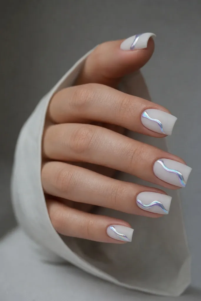 Summer Beach Nails 2026 Matte White Nails With Holographic Wave Accents