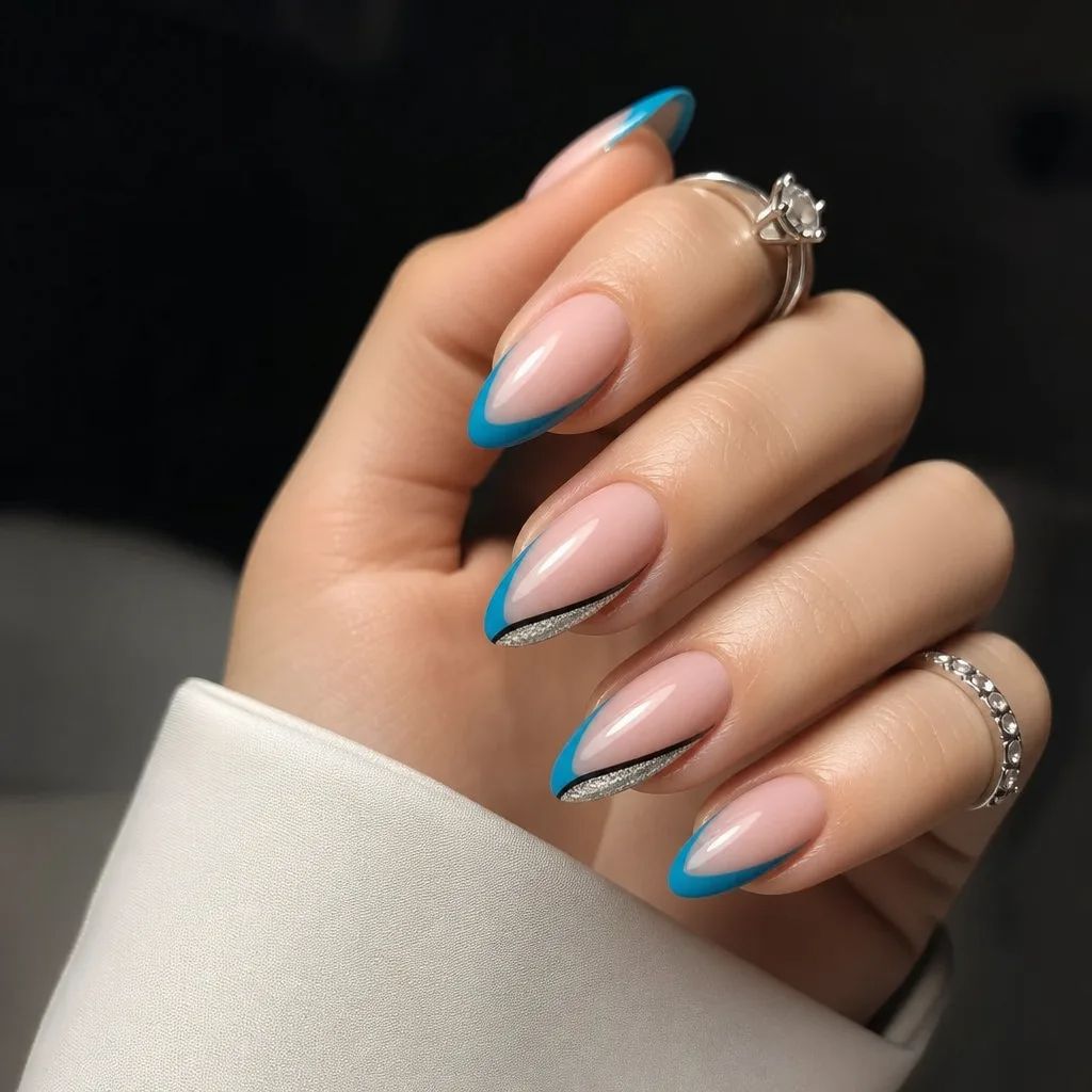 Summer French Nails 2026 Sky Blue and Silver Diagonal French for Cool-Girl Energy
