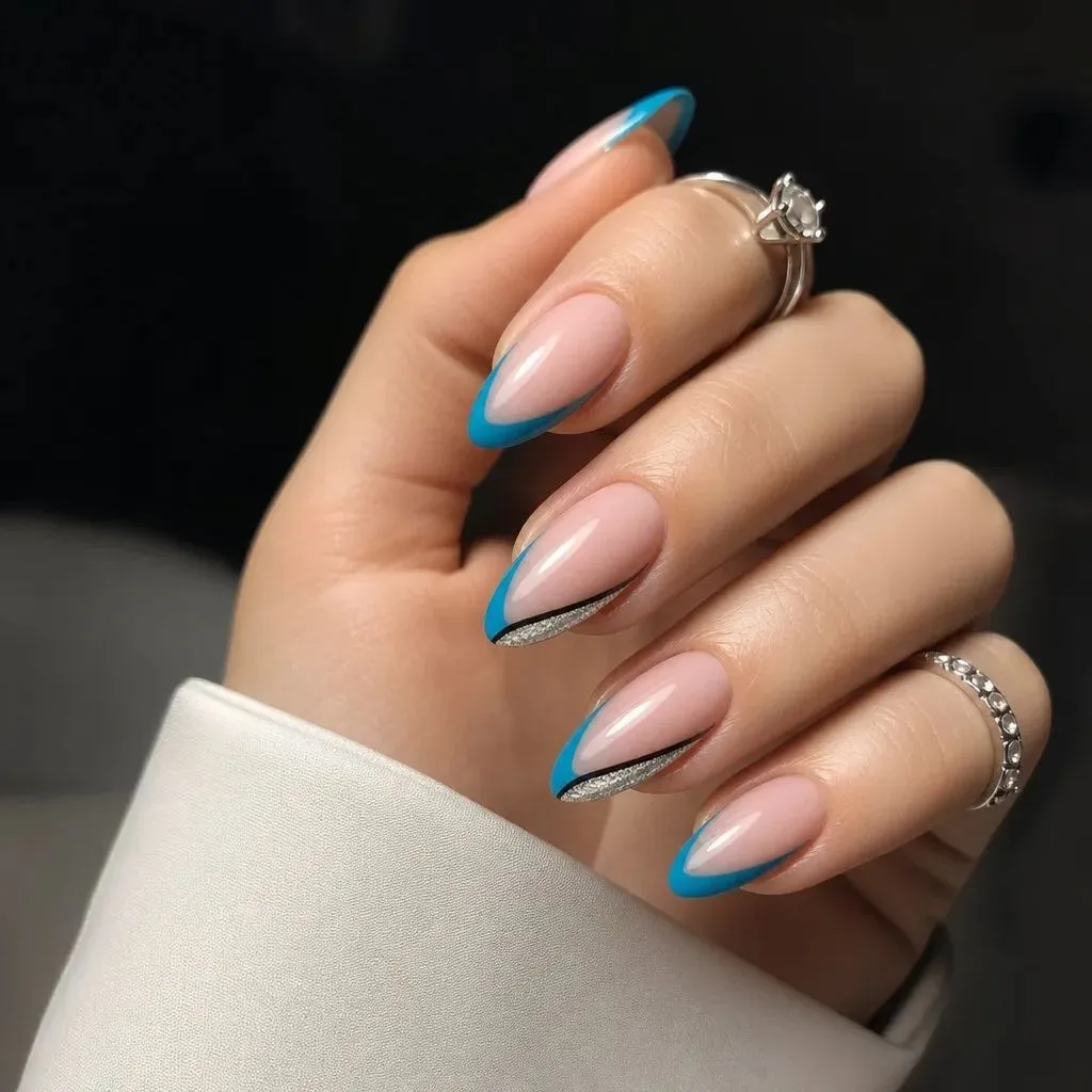 Summer French Nails 2026 Sky Blue and Silver Diagonal French for Cool-Girl Energy