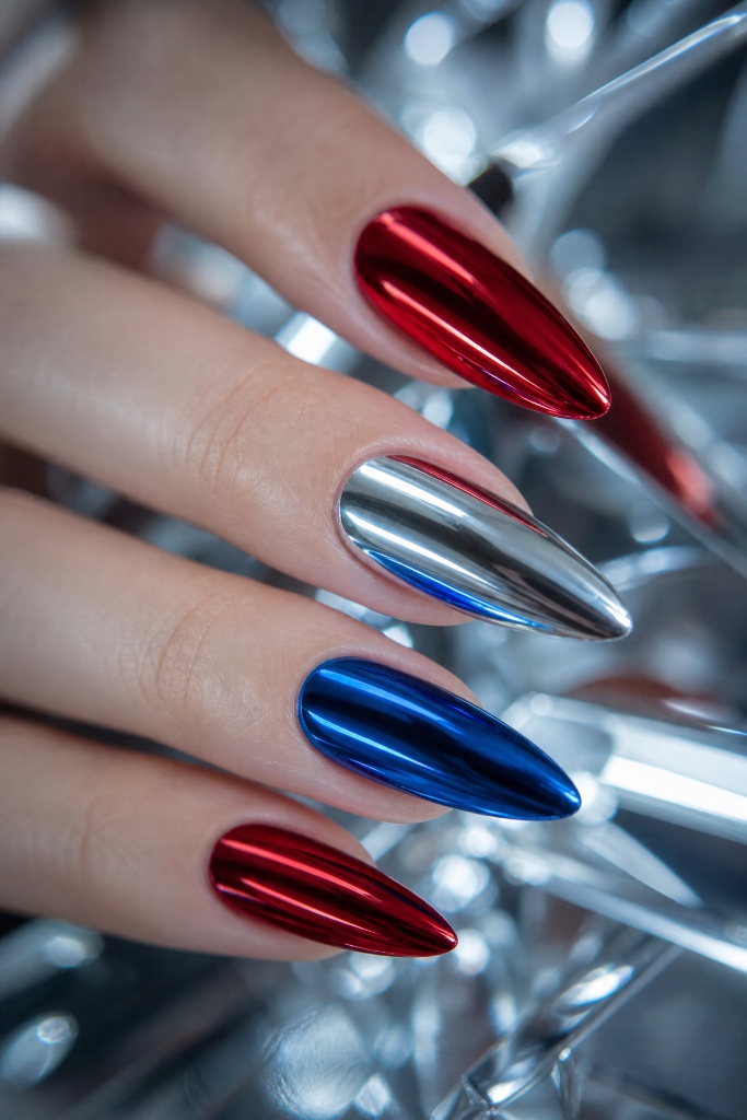 4th of July Nails for 2026 Chrome Stiletto Nails in Metallic Red Silver and Blue