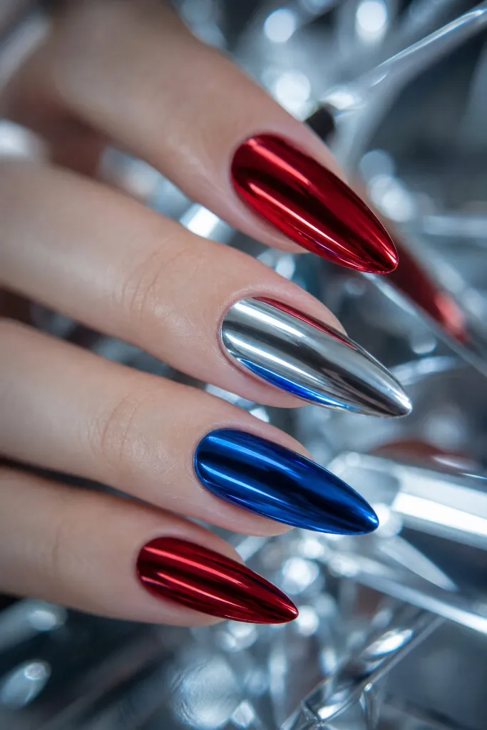 4th of July Nails for 2026 Chrome Stiletto Nails in Metallic Red Silver and Blue