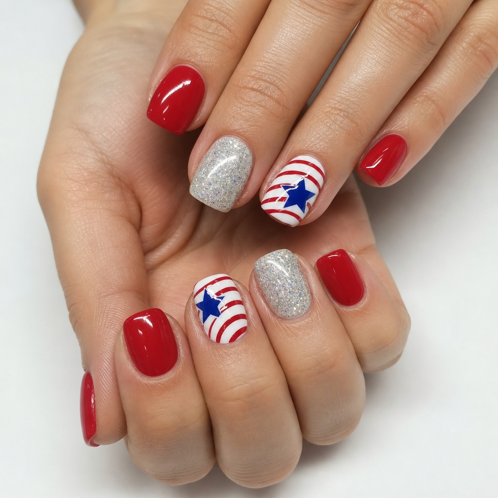 Patriotic Nails for 2026 Bold Red Nails With Glitter and Flag Accents