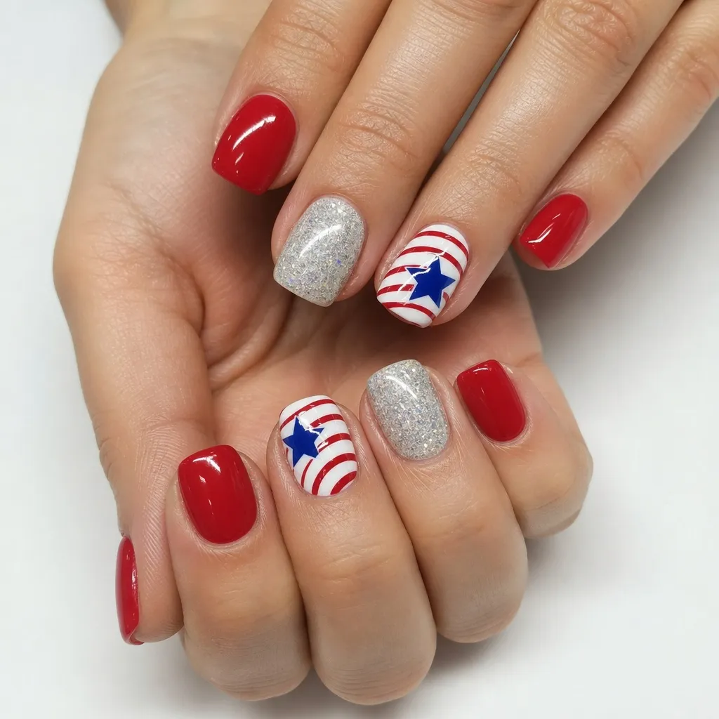 Patriotic Nails for 2026 Bold Red Nails With Glitter and Flag Accents