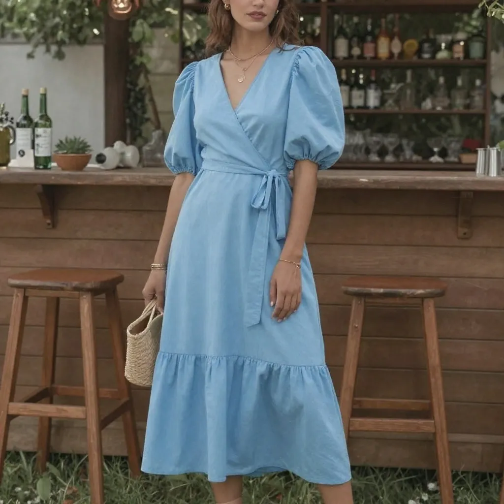 Sky Blue Wrap Dress With Puff Sleeves