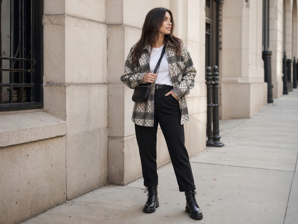 Fall Office Outfit Ideas for Women 2026 Plaid Shacket Over a Tee With Cropped Black Trousers