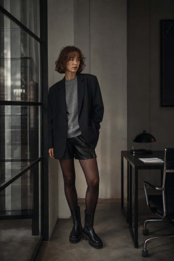 Fall Work Outfits 2026 ideas Dark Pinstripe Blazer With Grey Knit and Leather Shorts for Editorial Edge