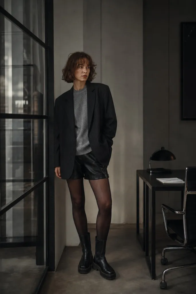 Fall Work Outfits 2026 ideas Dark Pinstripe Blazer With Grey Knit and Leather Shorts for Editorial Edge