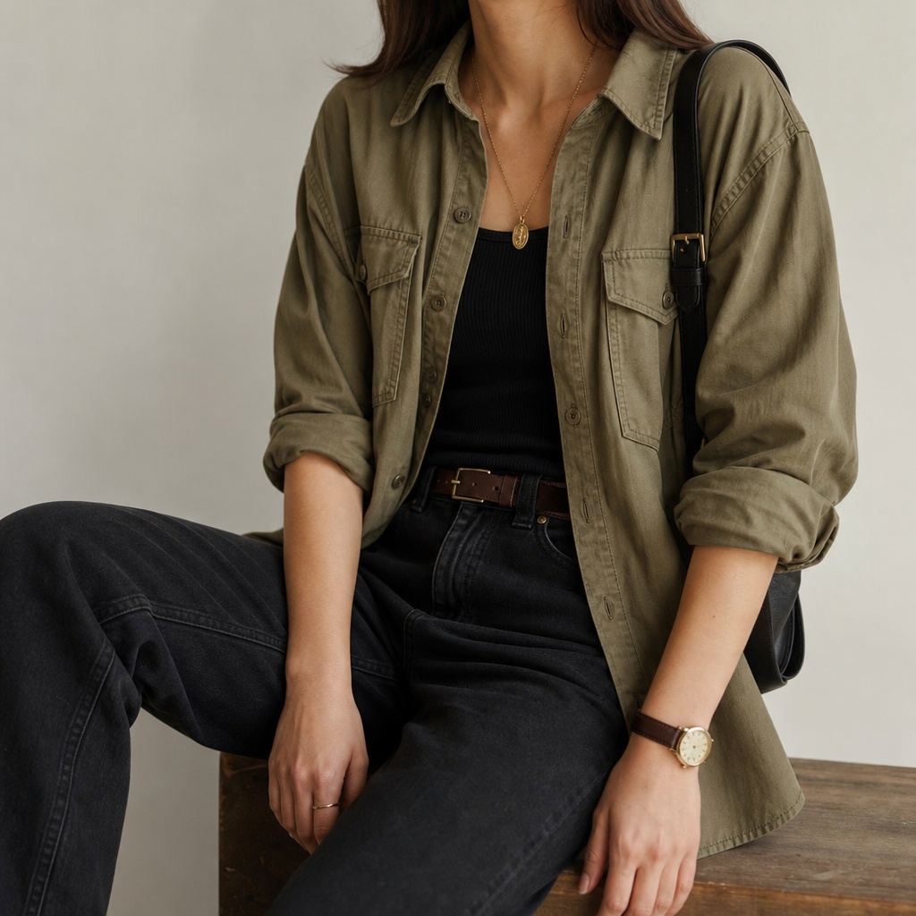 Back-to-School Outfits 2026 Olive Utility Shirt With Dark Denim and Warm Accessories