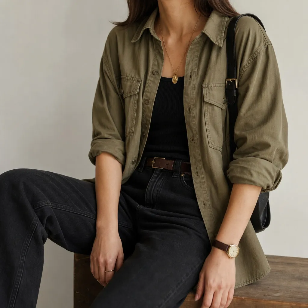 Back-to-School Outfits 2026 Olive Utility Shirt With Dark Denim and Warm Accessories