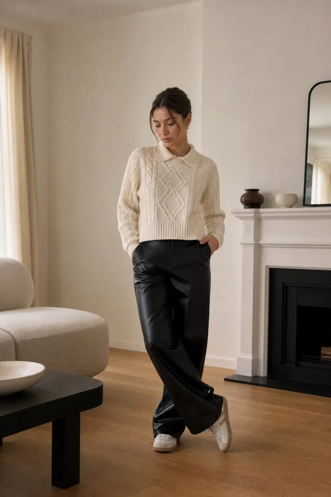 Fall Pants Outfits for Women 2026 Cream Cable Knit Polo With Black Leather Wide-Leg Pants for Textural Contrast