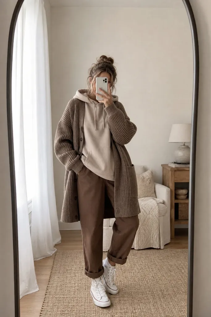 Fall Pants Outfits for Women 2026 Beige Hoodie Under Long Brown Cardigan With Cuffed Chinos
