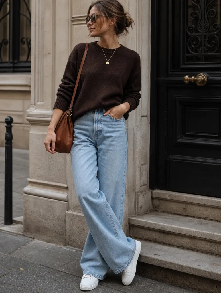 Fall Outfits with Jeans 2026 Chocolate Crewneck Sweater With Light Wide-Leg Jeans