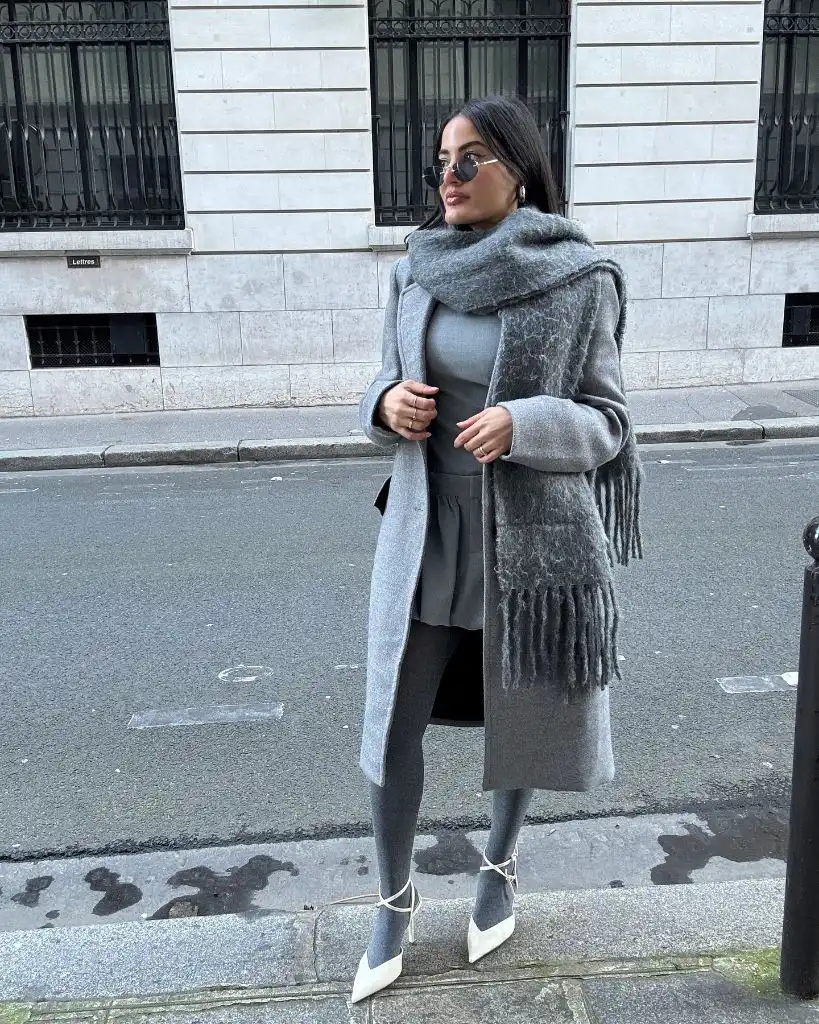 Fall Outfits With Coat 2026 All-Grey Tonal Look With a Fringed Scarf and White Lace-Up Heels