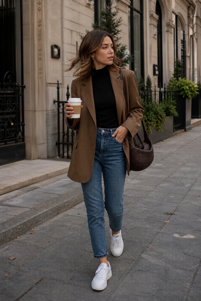 Fall Outfits with Sneakers and Jeans 2026 Brown Blazer With Black Turtleneck Warmth