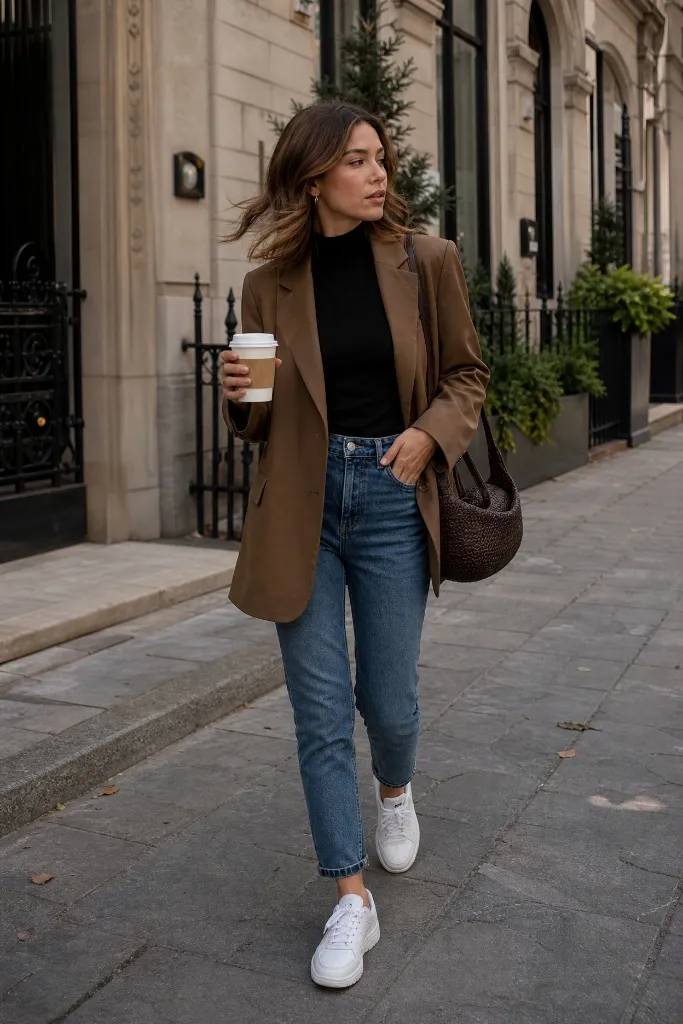 Fall Outfits with Sneakers and Jeans 2026 Brown Blazer With Black Turtleneck Warmth
