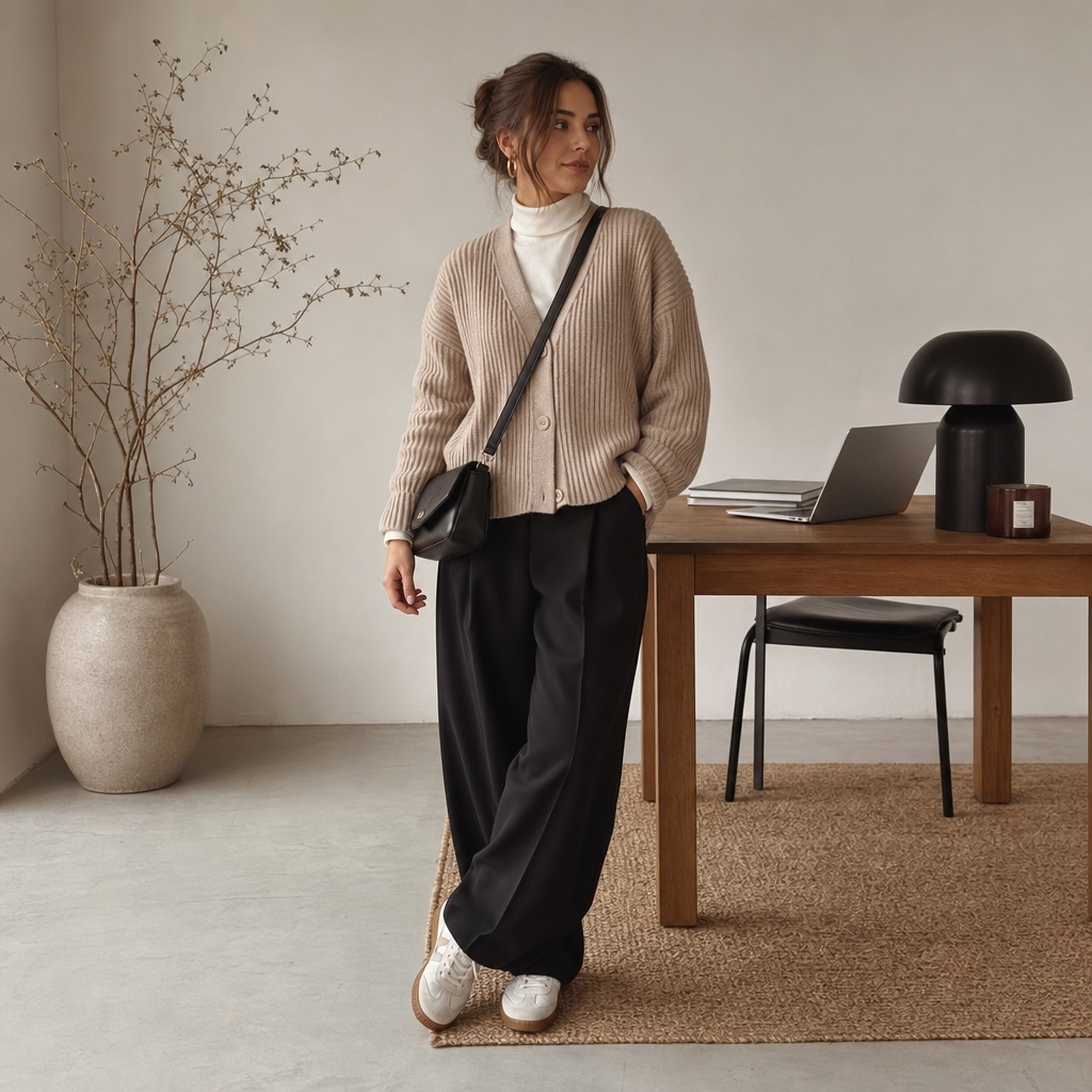 Fall Office Outfit Ideas for Women 2026 Beige Cardigan With Black Wide-Leg Trousers and Sneakers