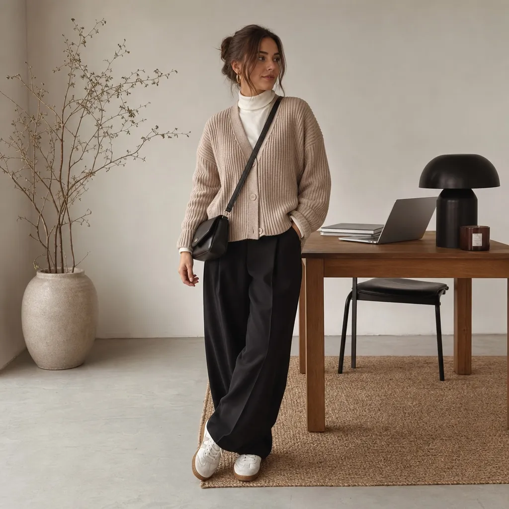 Fall Office Outfit Ideas for Women 2026 Beige Cardigan With Black Wide-Leg Trousers and Sneakers