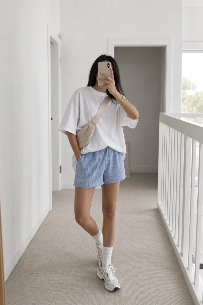 July Outfits Ideas 2026 Oversized White Tee With Soft Blue Shorts for Minimal Days