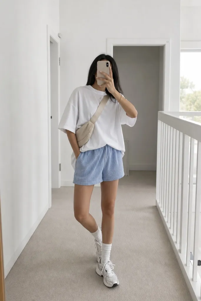 July Outfits Ideas 2026 Oversized White Tee With Soft Blue Shorts for Minimal Days