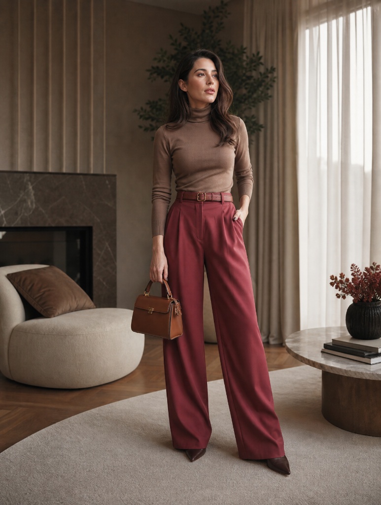Fall Outfits with Pants 2026 Taupe Turtleneck With Burgundy Wide-Leg Trousers