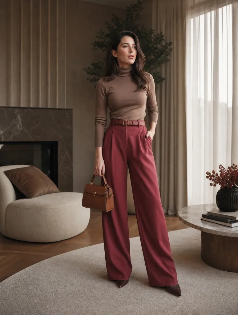 Fall Outfits with Pants 2026 Taupe Turtleneck With Burgundy Wide-Leg Trousers
