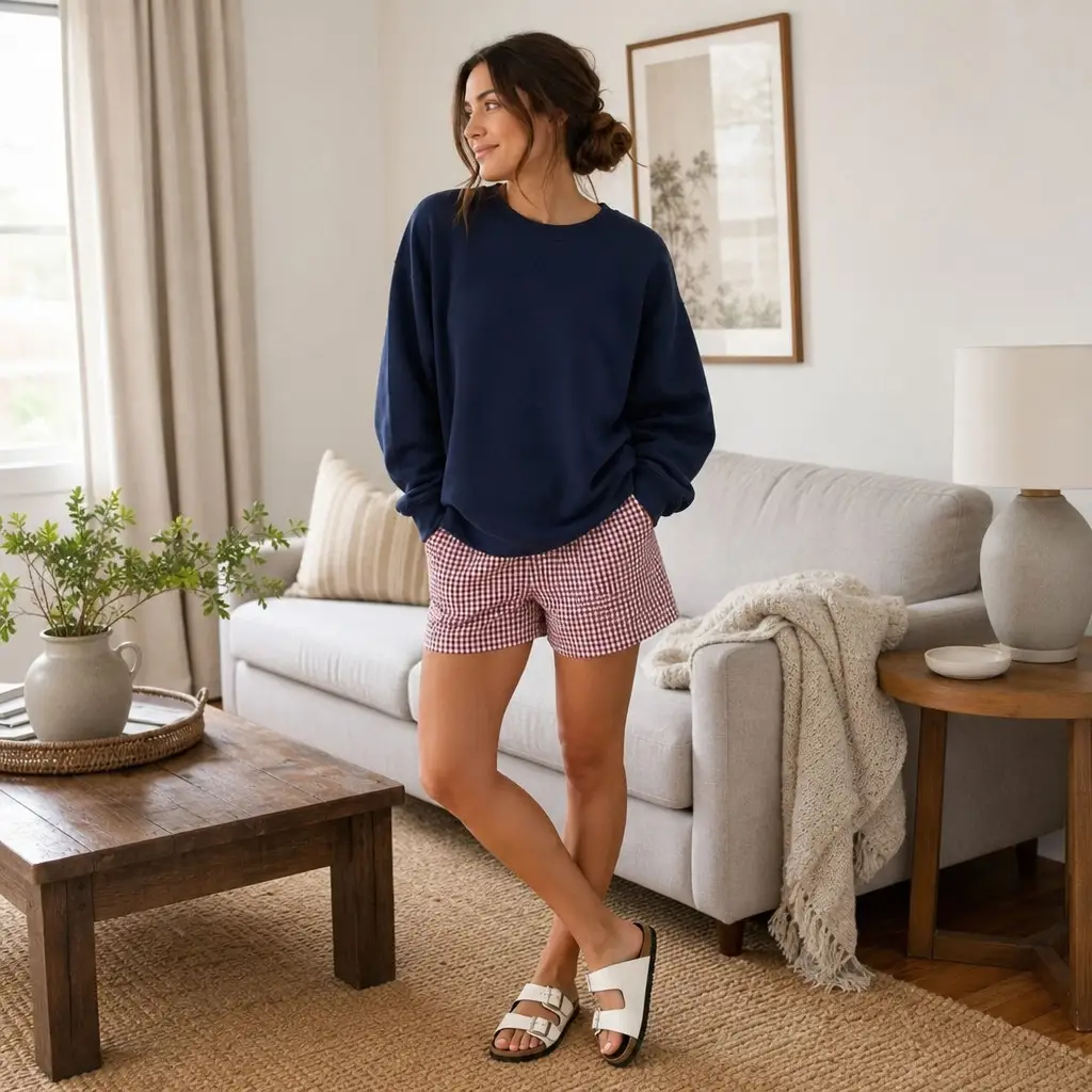 July 2026 Fashion Trends Navy Crewneck and Pink Gingham Shorts With Cozy Casual Softness