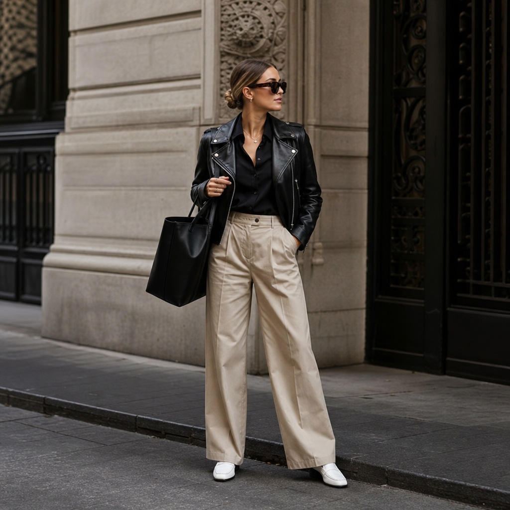 Fall Office Outfit Ideas for Women 2026 Moto Jacket Over Beige Trousers For City Days