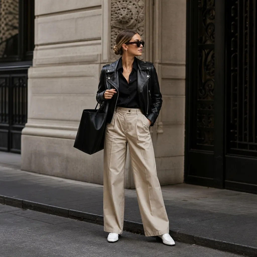 Fall Office Outfit Ideas for Women 2026 Moto Jacket Over Beige Trousers For City Days