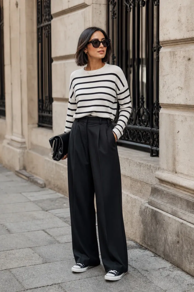 Fall Office Outfit Ideas for Women 2026 Striped Sweater With Black Wide-Leg Trousers and Converse