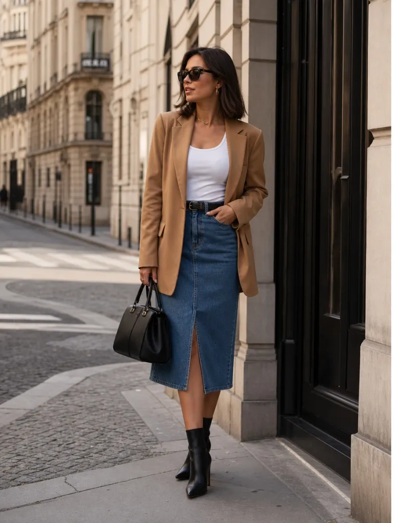 Fall Outfits with Jeans 2026 Camel Blazer With White Tank and Denim Midi Skirt