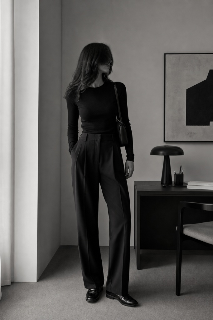 Fall Work Outfits 2026 ideas All-Black Fitted Silhouette With Shoulder Bag for Moody Minimalism