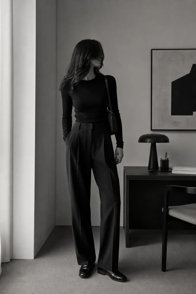 Fall Work Outfits 2026 ideas All-Black Fitted Silhouette With Shoulder Bag for Moody Minimalism