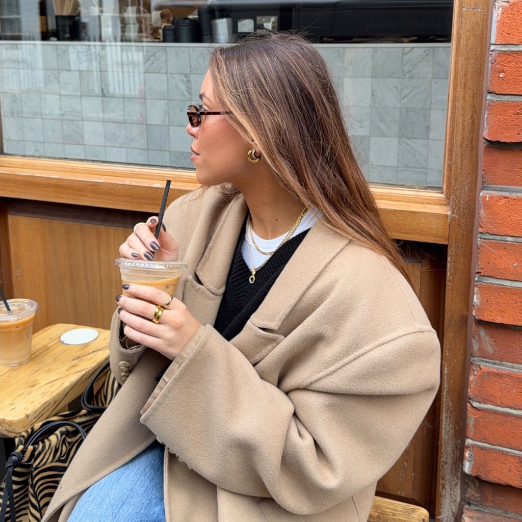 Fall Outfits With Coat 2026 Camel Overcoat With a Black Knit Vest and Layered Chains