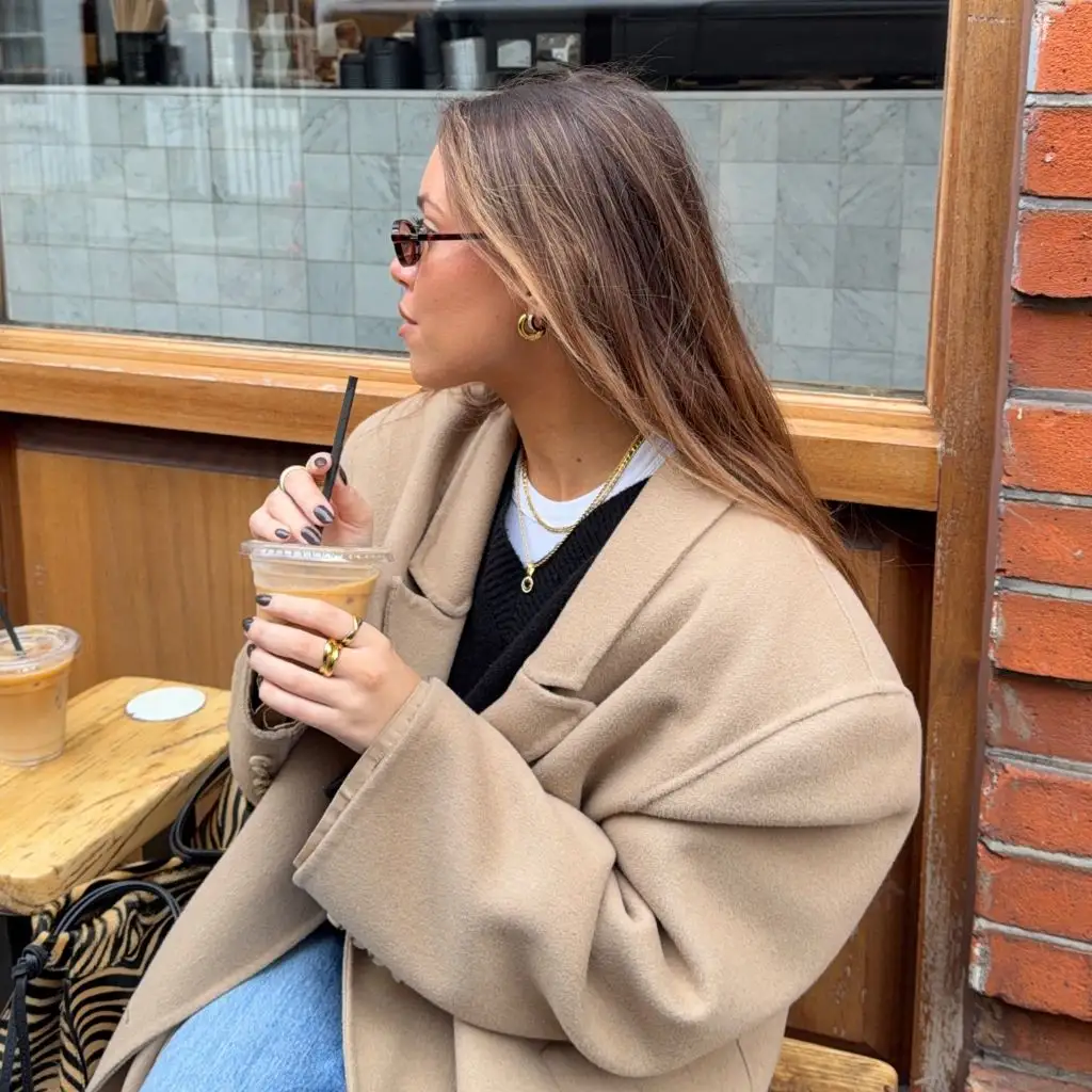 Fall Outfits With Coat 2026 Camel Overcoat With a Black Knit Vest and Layered Chains