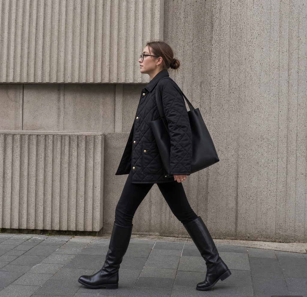 Fall Outfit Ideas with Leggings and Boots 2026 Black Quilted Coat For Brisk-Morning Walks