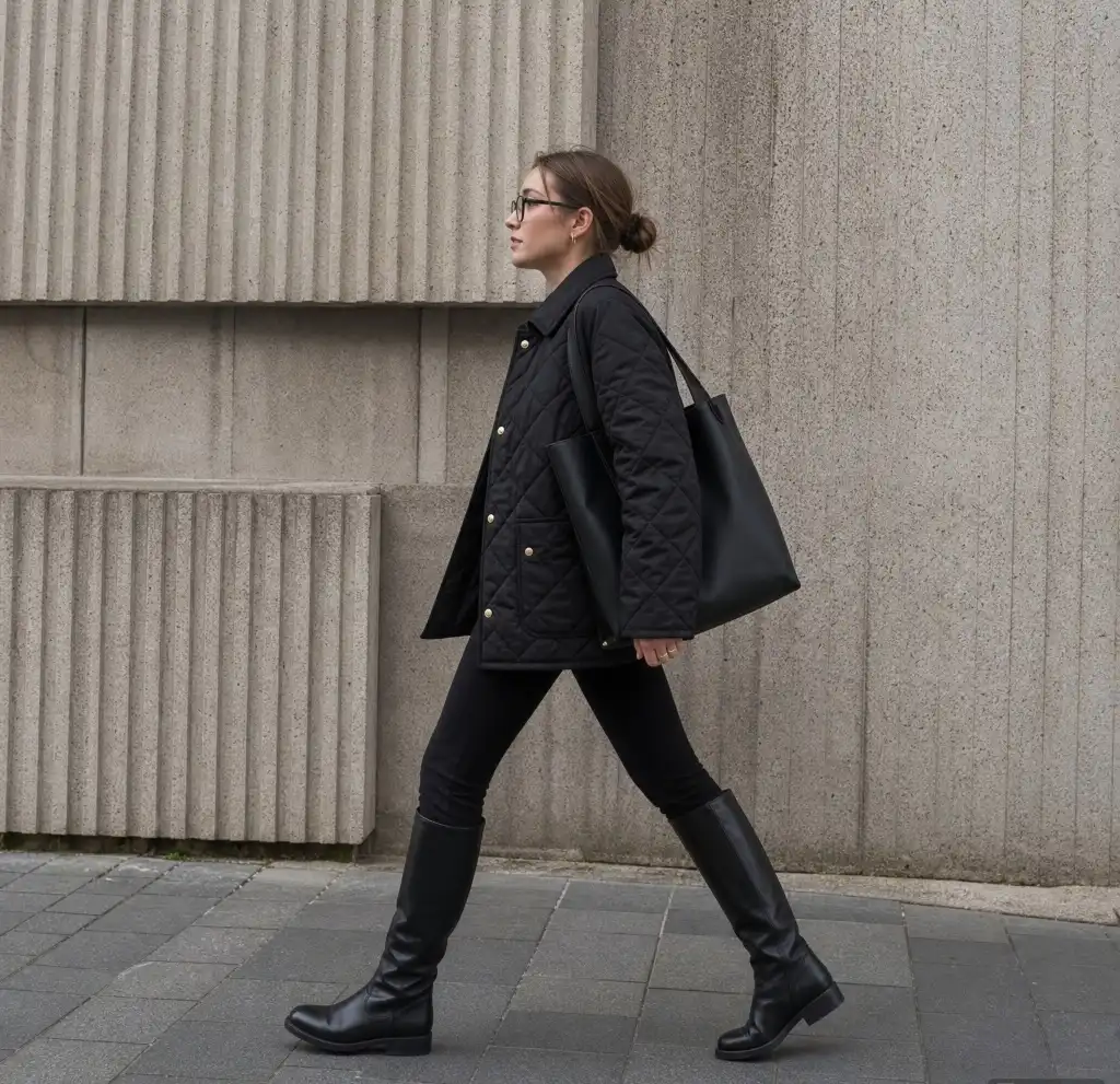 Fall Outfit Ideas with Leggings and Boots 2026 Black Quilted Coat For Brisk-Morning Walks