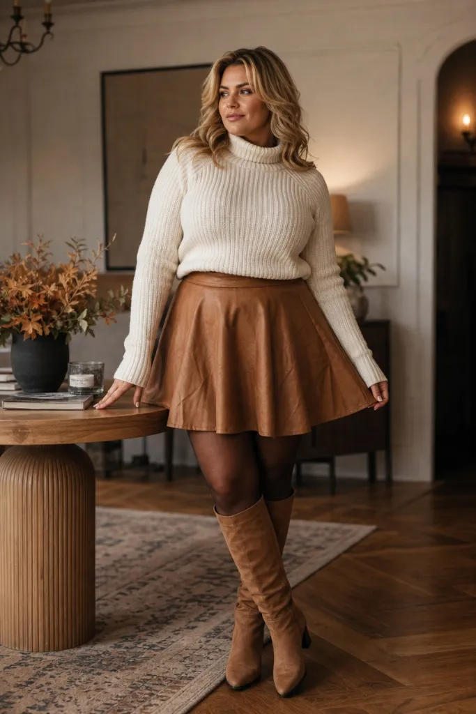 Fall Outfit Ideas for Big Busted Women 2026 Cream Turtleneck With Tan Leather Skater Skirt