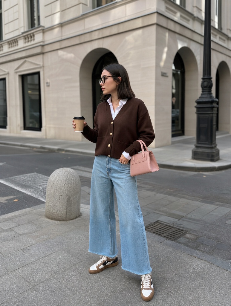 Fall Pants Outfits for Women 2026 Brown Cardigan Over White Shirt With Light Wash Wide-Leg Jeans