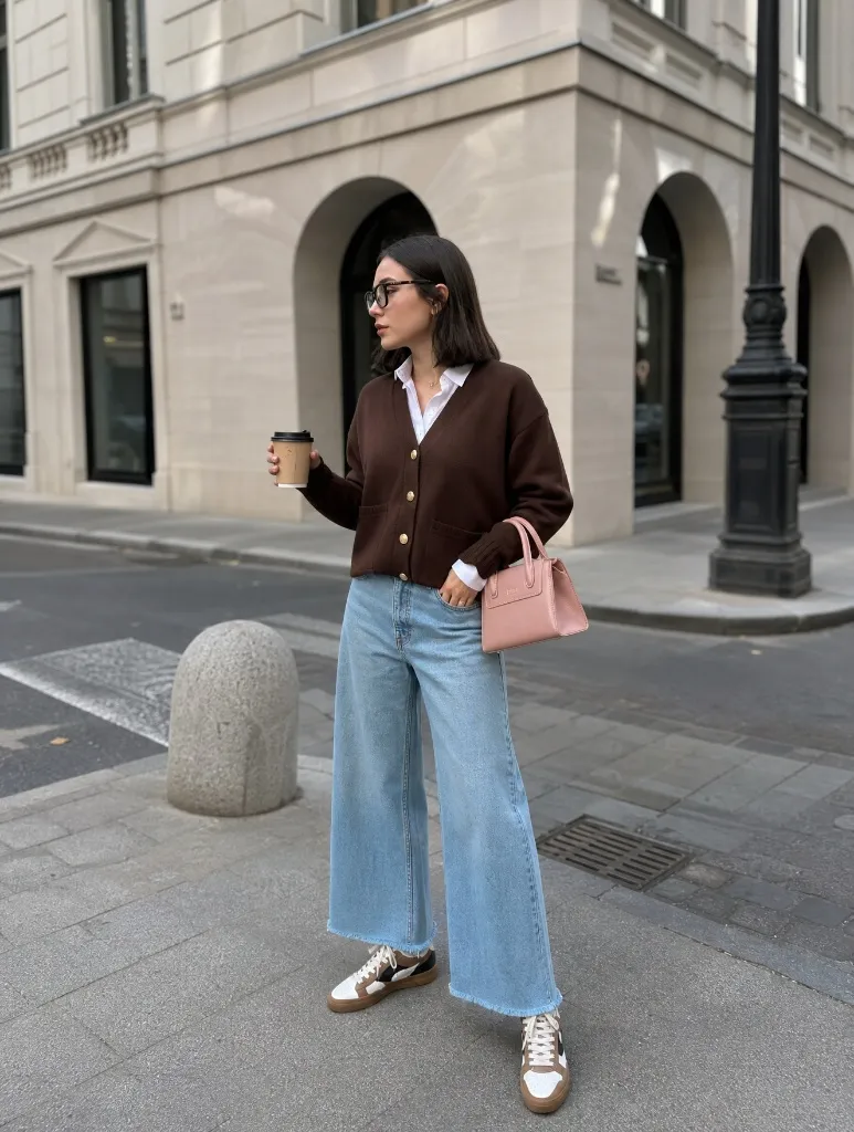 Fall Pants Outfits for Women 2026 Brown Cardigan Over White Shirt With Light Wash Wide-Leg Jeans