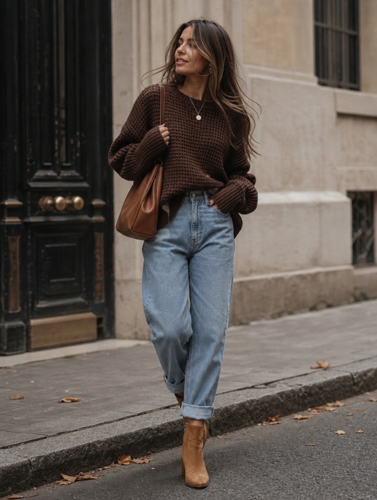 Fall Outfits with Jeans 2026 Chunky Brown Sweater With Cuffed Mom Jeans and Tan Boots