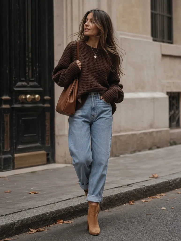 Fall Outfits with Jeans 2026 Chunky Brown Sweater With Cuffed Mom Jeans and Tan Boots