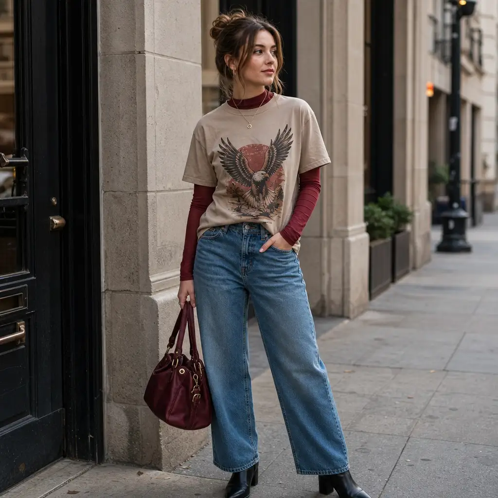 Fall Outfits with Jeans 2026 Layered Graphic Tee Over Long Sleeve With Cropped Wide Jeans