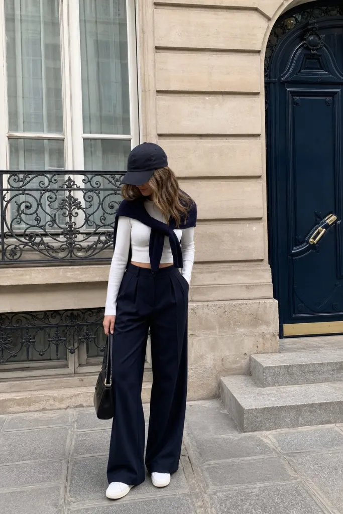 Back-to-School Outfits 2026 Navy Wide-Leg Trousers and White Top With Parisian Cool