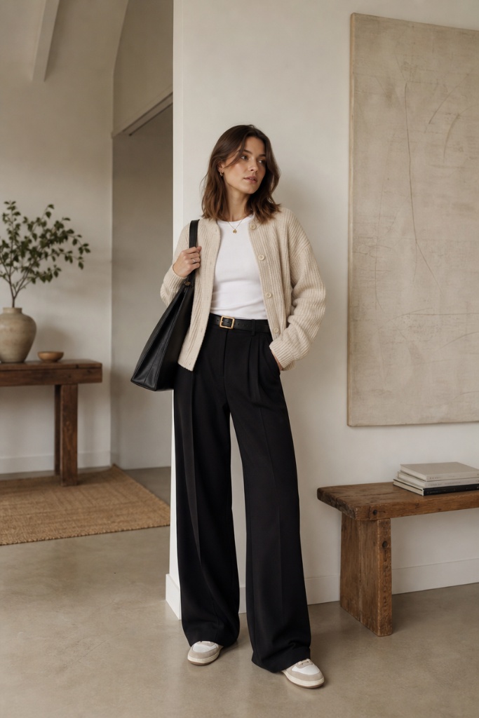 Fall Work Outfits 2026 ideas Cream Cardigan With White Tee and Wide-Leg Black Trousers for Easy Polish