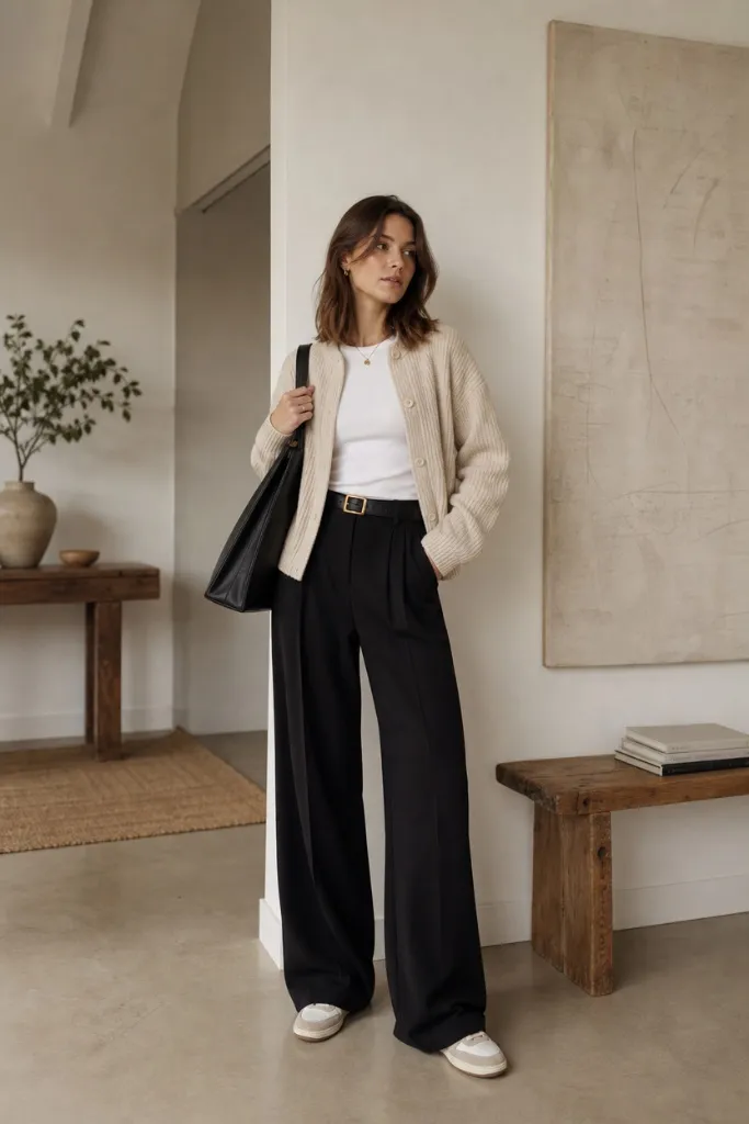 Fall Work Outfits 2026 ideas Cream Cardigan With White Tee and Wide-Leg Black Trousers for Easy Polish