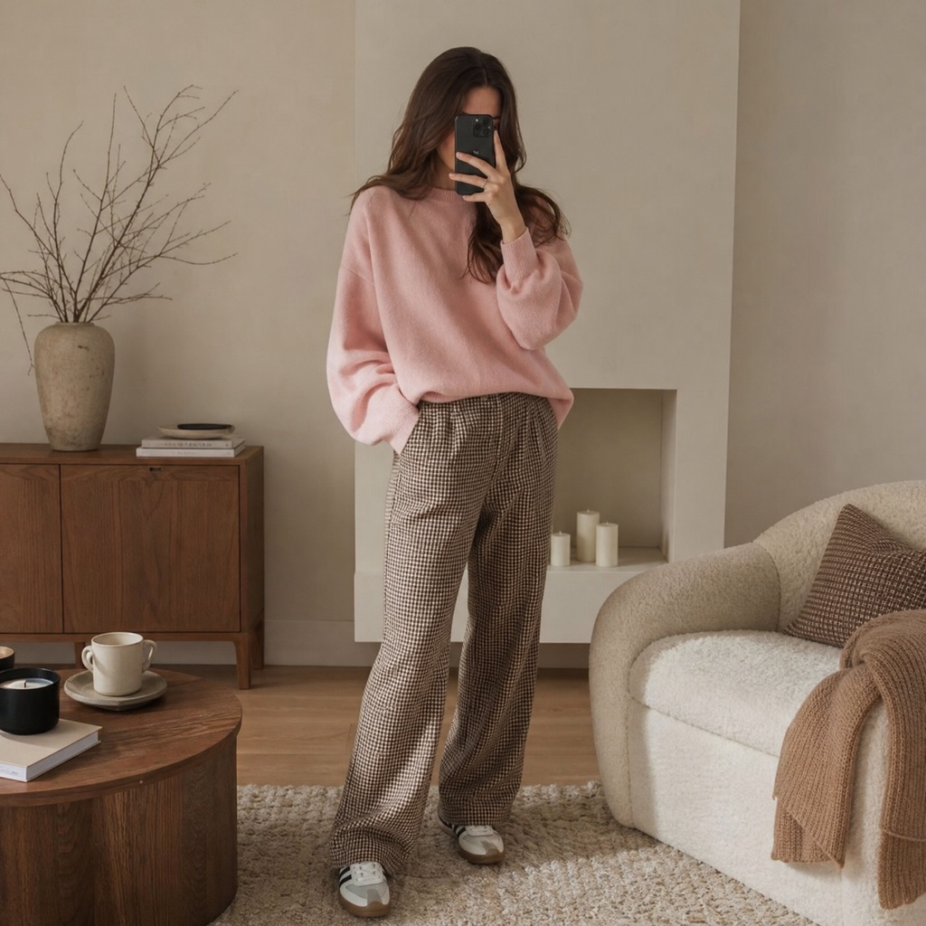 Fall Pants Outfits for Women 2026 Soft Pink Sweater With Houndstooth Check Trousers for Feminine Warmth